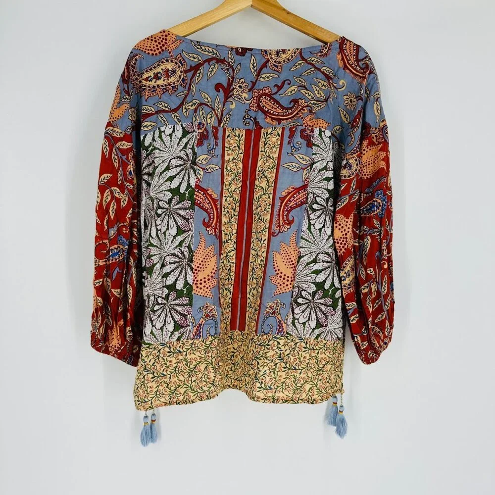 Anthropologie Womens Sonrisa Mixed Print Paisley Boho Tassel Top Blouse Size XS - Picture 3 of 10